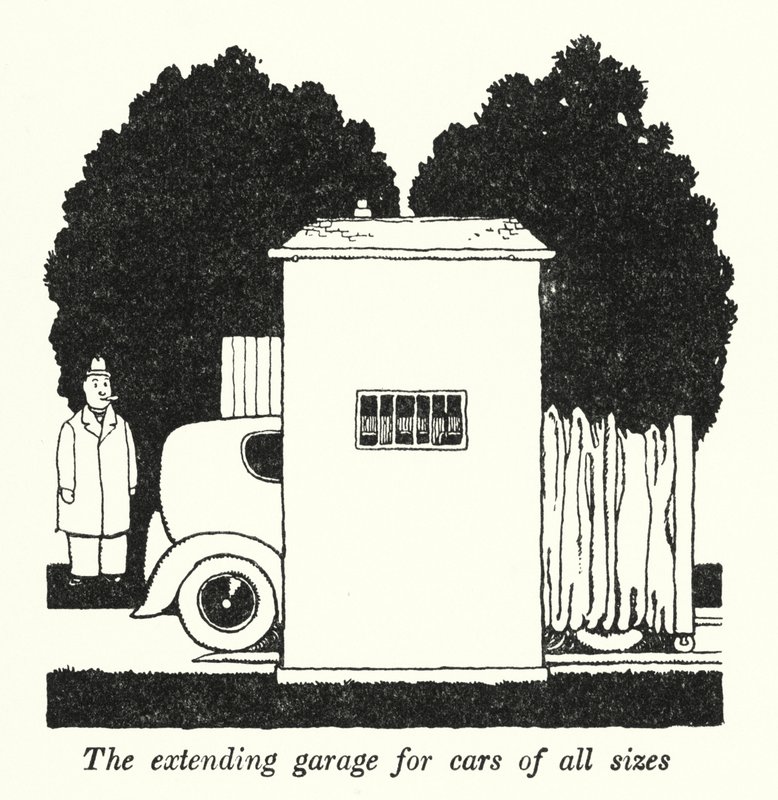 A garagem extensível para carros de todos os tamanhos (litho) de William Heath Robinson