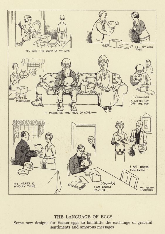A linguagem dos ovos, alguns novos desenhos para ovos de Páscoa para facilitar a troca de sentimentos graciosos e mensagens amorosas de William Heath Robinson