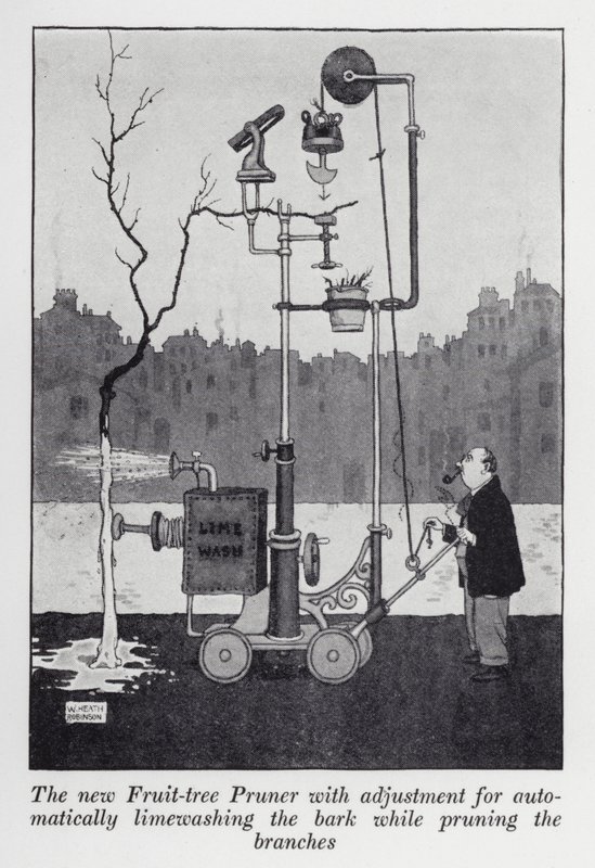 A nova podadora de árvores frutíferas com ajuste para a lavagem automática da casca da árvore durante a poda dos ramos (litho) de William Heath Robinson