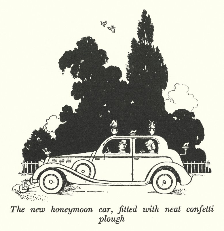 O novo carro de lua-de-mel, equipado com arado de confete puro (litho) de William Heath Robinson