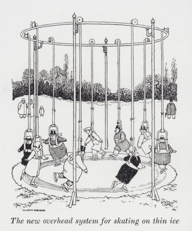 O novo sistema suspenso para patinar sobre gelo fino (litho) de William Heath Robinson