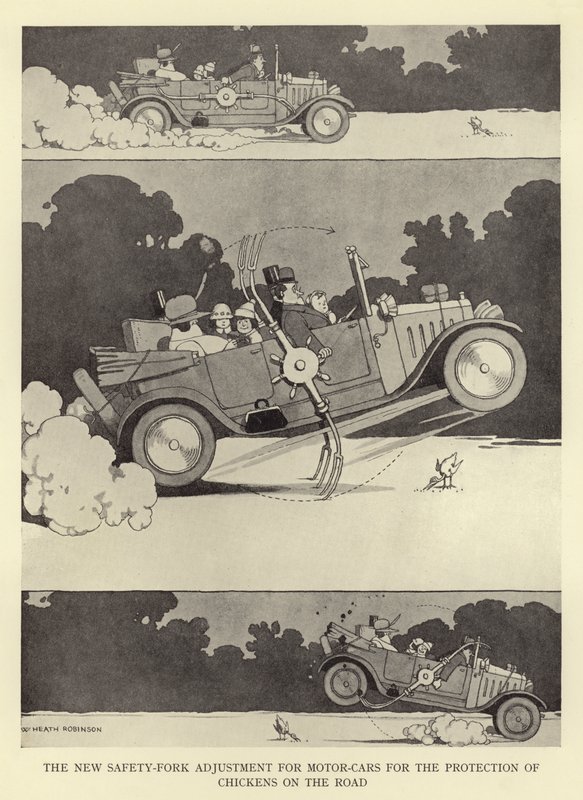 O novo ajuste do garfo de segurança para automóveis para a proteção de frangos na estrada de William Heath Robinson