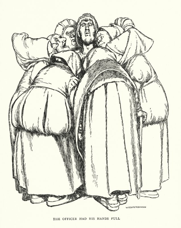 O oficial tinha as mãos cheias (litho) de William Heath Robinson