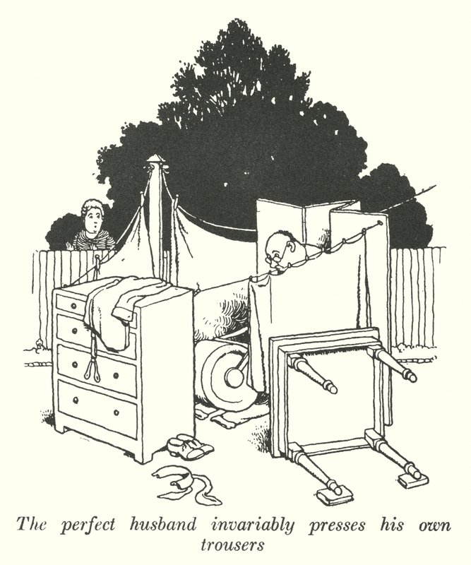 O marido perfeito pressiona invariavelmente as suas próprias calças (litho) de William Heath Robinson