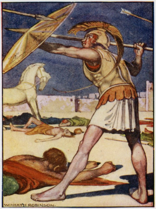 A ponta da lança voou sobre o ombro esquerdo de Patroclus (cor litho) de William Heath Robinson