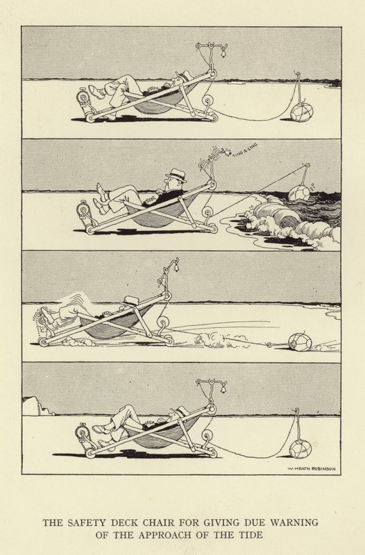 A cadeira de segurança para dar o devido aviso da aproximação da maré de William Heath Robinson