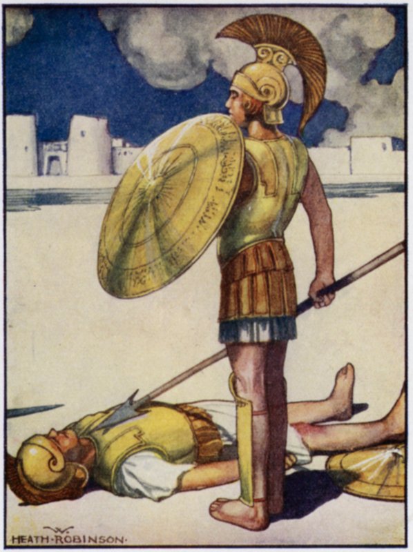 A sombra da Morte desceu sobre Hector (cor litho) de William Heath Robinson