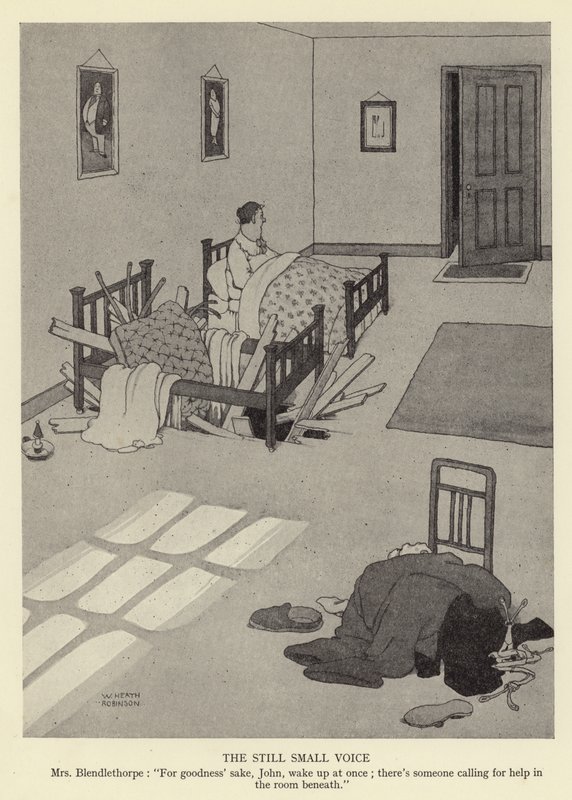 A voz ainda baixa, Sra. Blendlethorpe, por amor de Deus, John, acorde imediatamente; há alguém pedindo ajuda na sala abaixo de William Heath Robinson