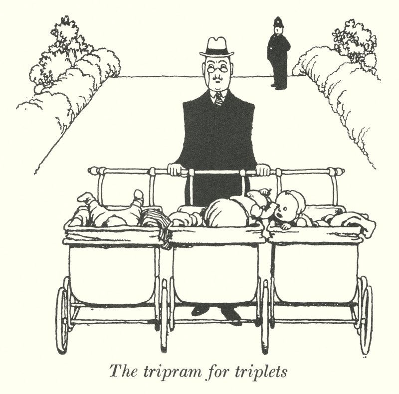O tripram para trigémeos (litho) de William Heath Robinson