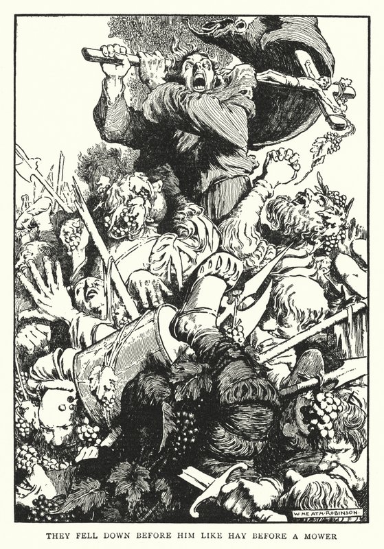 Caíram diante dele como feno diante de um cortador de relva (litho) de William Heath Robinson