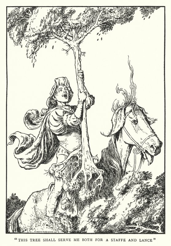 "Esta árvore me servirá tanto para um bastão como para uma lança" (litho) de William Heath Robinson
