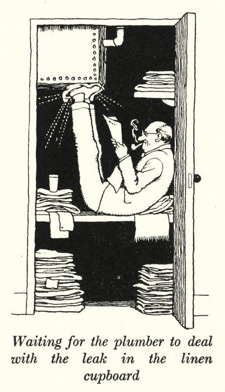 À espera que o canalizador trate da fuga no armário do linho (litho) de William Heath Robinson
