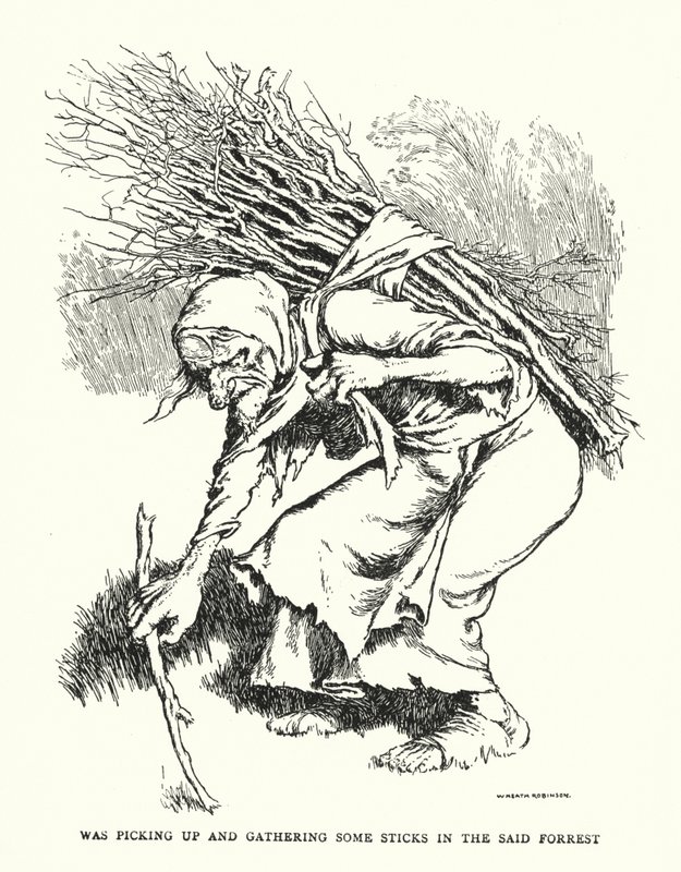 Estava a apanhar e a recolher alguns paus na referida floresta (litho) de William Heath Robinson