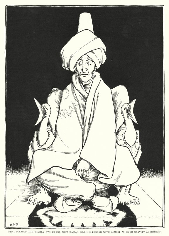 O que o agradou muito foi ver Abou Hassan encher o seu trono com quase tanta gravidade como ele (gravura) de William Heath Robinson