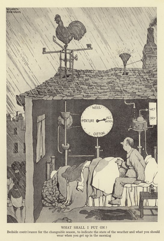 O que devo colocar em dispositivo Bedside para a temporada variável, para indicar o estado do tempo e o que você deve usar quando você se levanta de manhã de William Heath Robinson