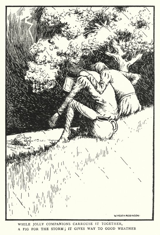 Enquanto os companheiros alegremente a cenouram juntos, um figo para a tempestade, ela dá lugar ao bom tempo (litho) de William Heath Robinson