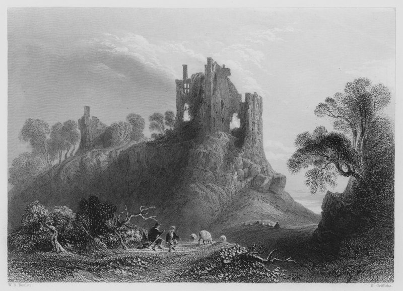 Castelo de Carrigogunnell, perto de Limerick (gravura) de William Henry (after) Bartlett