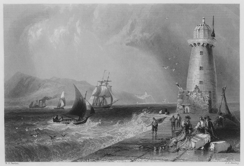 South-wall Light-house, com Howth hill ao longe (gravura) de William Henry (after) Bartlett