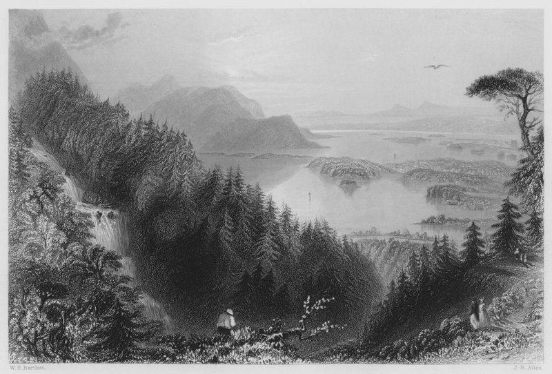 The Lower and Torc Lakes, Killarney, from Torc Waterfall (gravura) de William Henry (after) Bartlett