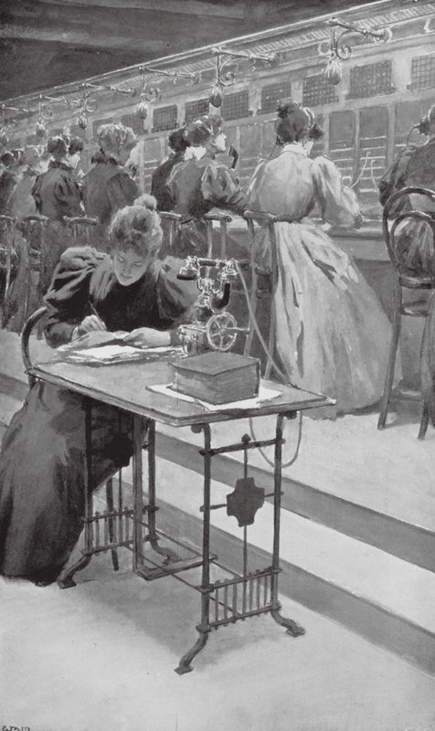 A trabalhar numa sala de telefones (litografia) de William Henry (after) Margetson