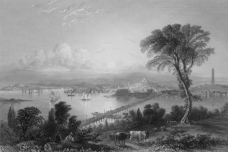 Boston, e Bunker Hill (do Leste) (gravura) de William Henry Bartlett
