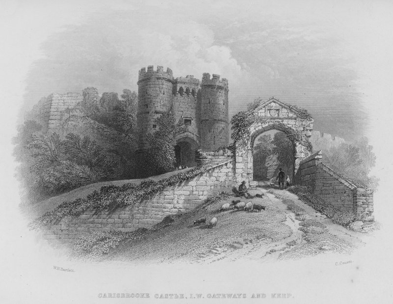 Castelo de Carisbrooke, Isle of Wight, Gateways e Keep (gravação) de William Henry Bartlett