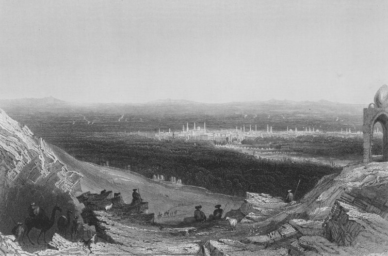 Damasco, vista distante do lado da montanha de William Henry Bartlett