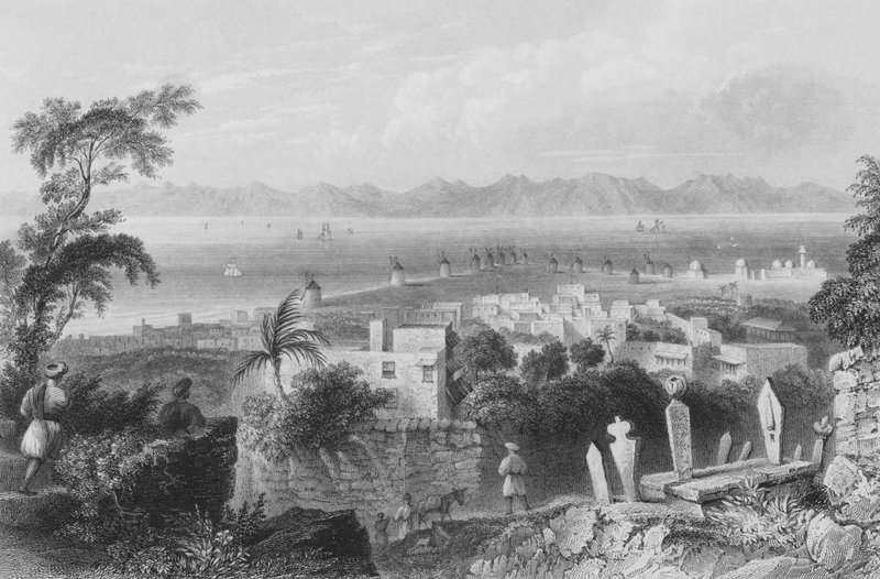 Rodes, o antigo Dodanim, com o canal entre a ilha e a Ásia Menor de William Henry Bartlett
