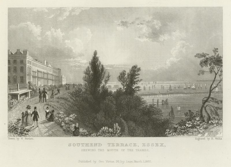 Southend Terrace, Essex, mostrando a boca do Tamisa de William Henry Bartlett