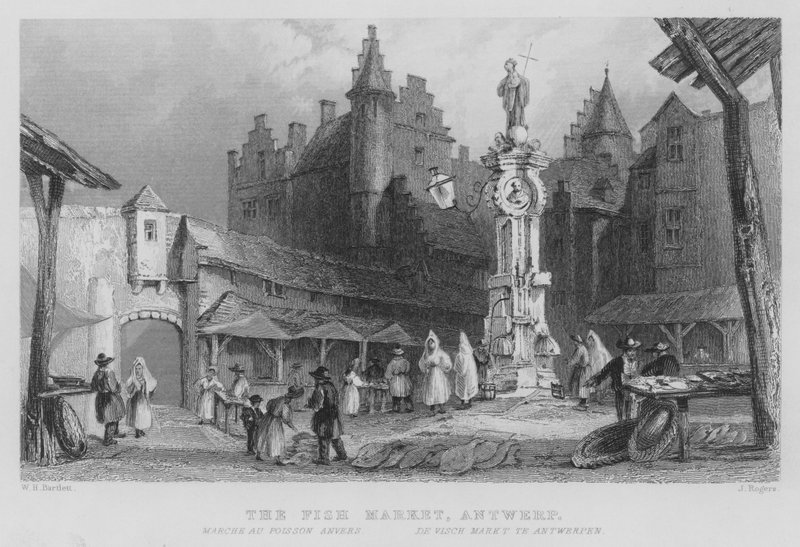 The Fish Market, Antwerp (gravura) de William Henry Bartlett