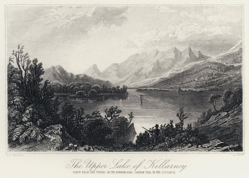 O Alto Lago de Killarney, tomado perto do túnel na Kenmare Road, Carran Tual ao longe (gravura) de William Henry Bartlett