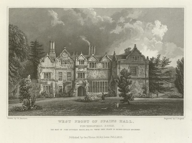 Frente Oeste do Spains Hall, Finchingfield, Essex, a sede de John Ruggles Brice, Esquire de William Henry Bartlett