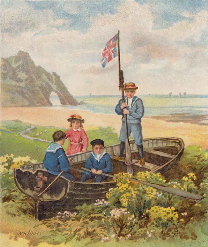 Crianças a brincar num barco na praia (cromolitografia) de William Henry James (after) Boot