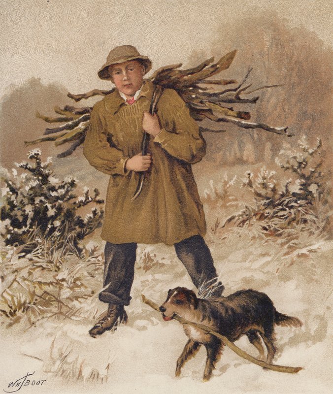 Homem e cão a apanhar lenha (cromolitho) de William Henry James (after) Boot