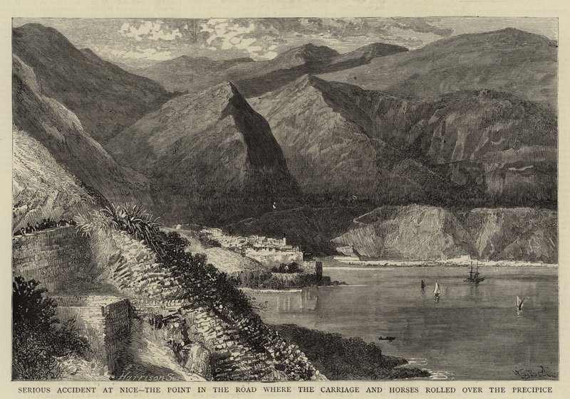 Acidente grave em Nice, o ponto na estrada onde o carro e os cavalos rolaram sobre o precipício de William Henry James Boot