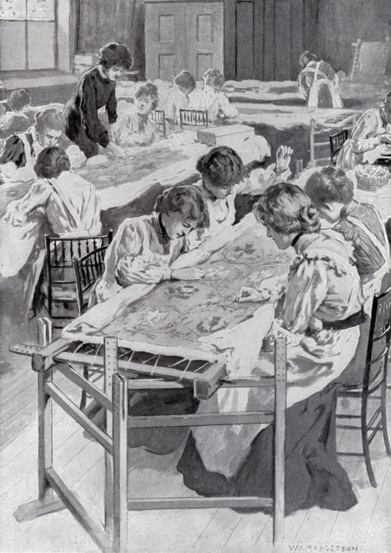 Alunos da Escola Real de Arte Bordada Bordando os Reis da Coroação da Veste de William Henry Margetson