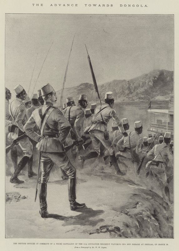 O avanço para Dongola, oficial britânico no comando de um batalhão negro do 11º Regimento Soudanese a ver os seus homens embarcarem em Shellal, no dia 18 de Março (litho) de William Heysham (after) Overend