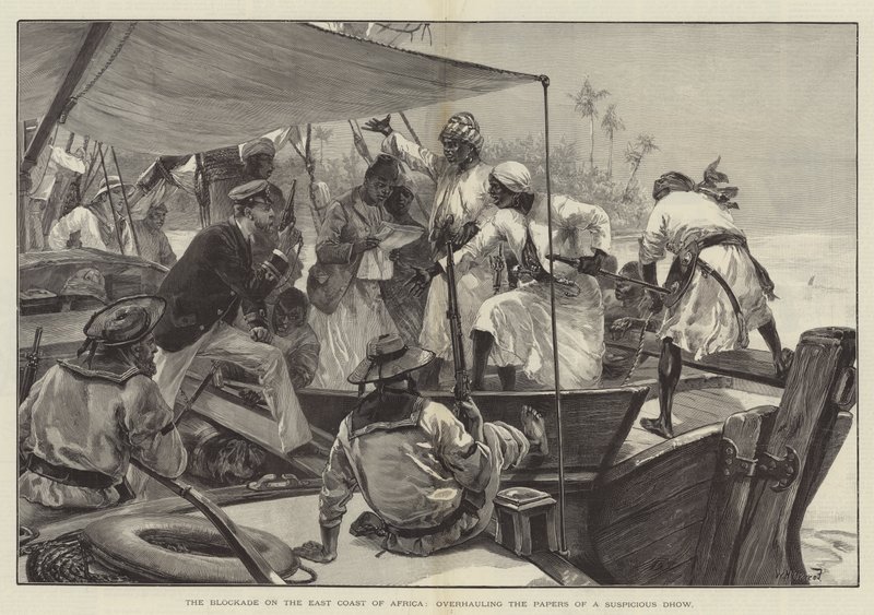 O Bloqueio na Costa Leste de África, revisando os Documentos de um Dhow Suspeito (gravura) de William Heysham (after) Overend