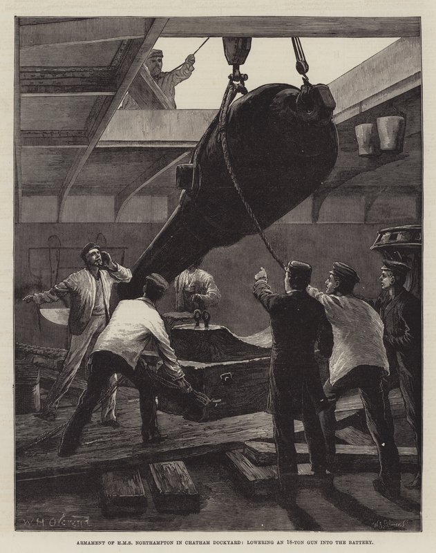 Armamento do HMS Northampton no estaleiro de Chatham, abaixando uma arma de 18 toneladas na bateria de William Heysham Overend
