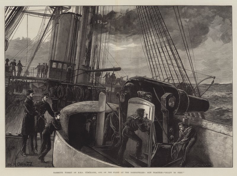 Barbette Turret de HMS Temeraire, um dos Fleet at the Dardanelles, Prática Gun, pronto para disparar! de William Heysham Overend