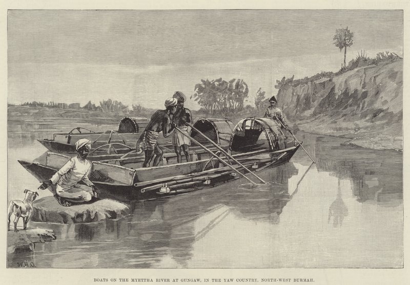 Barcos no Rio Myettha em Gungaw, no País Yaw, no noroeste de Burmah de William Heysham Overend