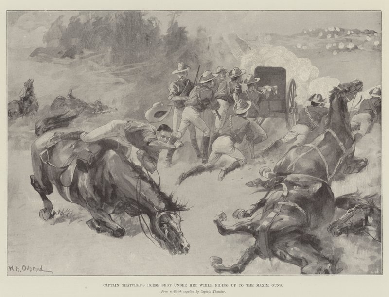 Cavalo do capitão Thatcher atirou debaixo dele enquanto subia para as Maxim Guns de William Heysham Overend