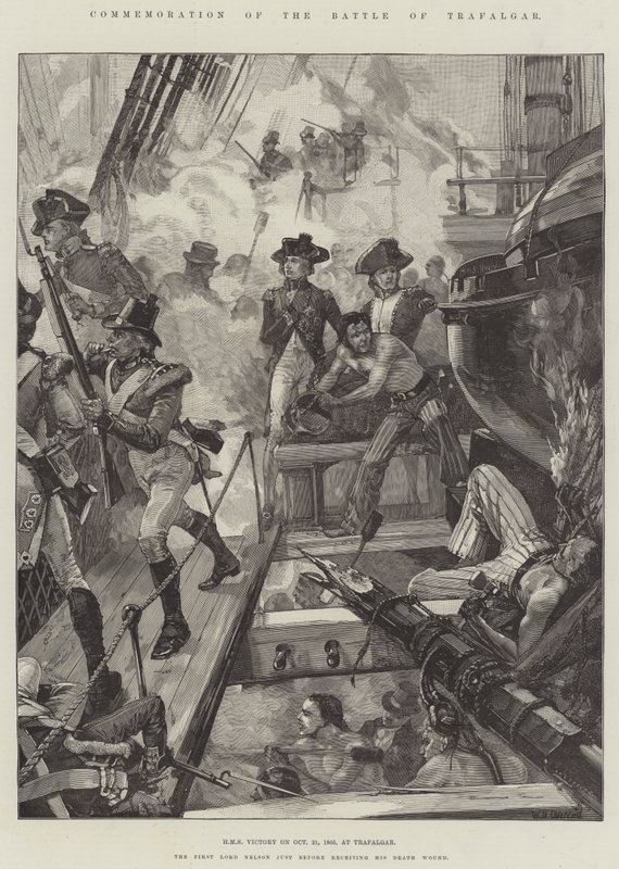 Comemoração da Batalha de Trafalgar, HMS Victory em 21 de outubro de 1805, em Trafalgar de William Heysham Overend