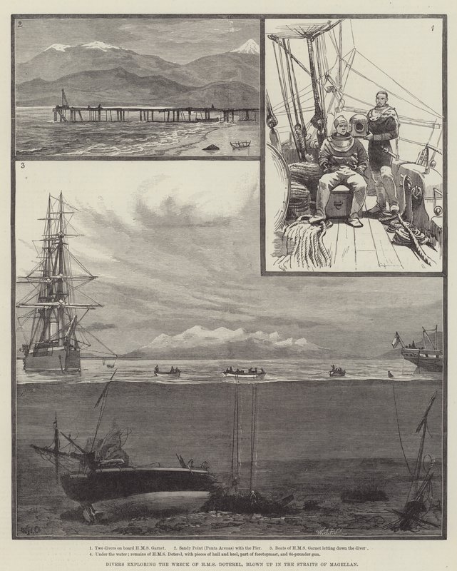 Mergulhadores, explorando, a, naufrágio, de, HMS, Doterel, explodido, em, a, estreitos, de, magellan de William Heysham Overend