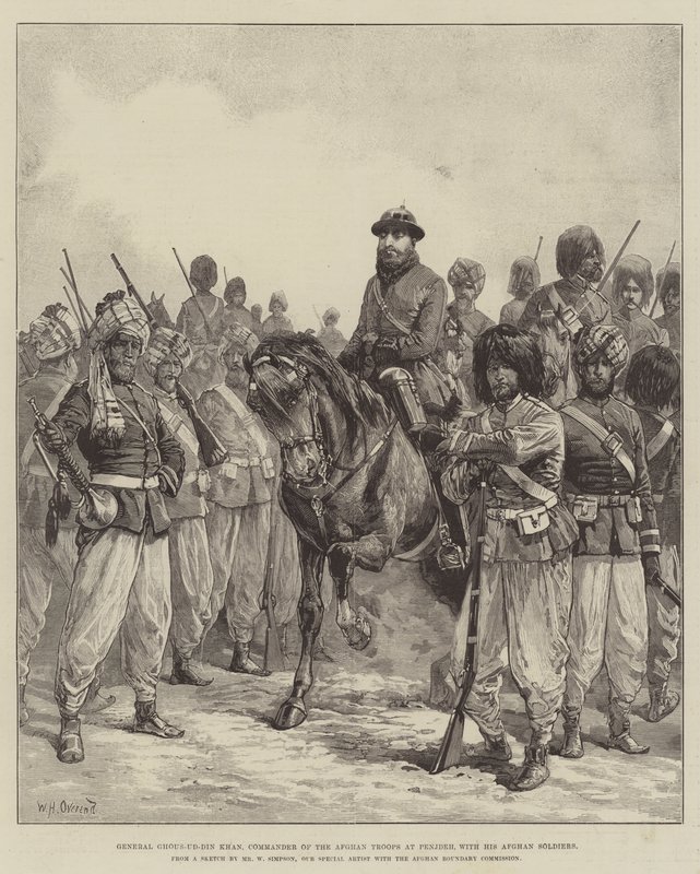 General Ghous-ud-din Khan, comandante das tropas afegãs em Penjdeh, com seus soldados afegãos de William Heysham Overend