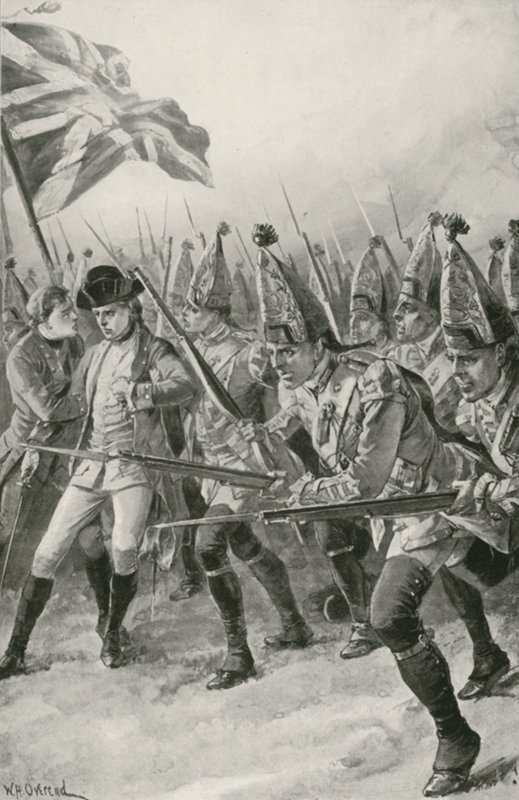 General Wolfe é Mortally Wounded como ele lidera a acusação nas planícies de Abraão de William Heysham Overend