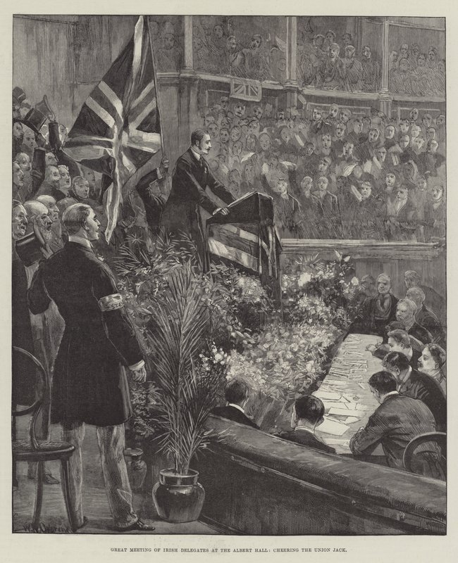 Grande Encontro de Delegados Irlandeses no Albert Hall, aplaudindo a Union Jack de William Heysham Overend