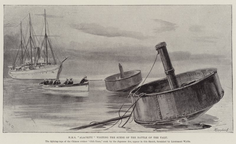 HMS Alacrity visitando a cena da batalha do Yalu de William Heysham Overend