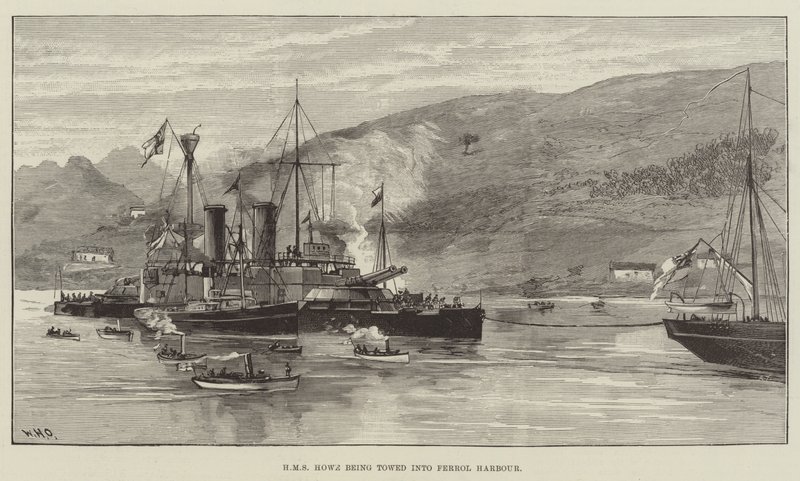 HMS Howe sendo rebocado para o Porto de Ferrol de William Heysham Overend