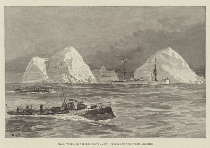 HMS Tyne e Torpedo-boats entre Icebergs no Atlântico Norte de William Heysham Overend